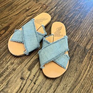 ANCIENT GREEK SANDALS THAIS Denim Slide Sandals US 6 EU 37 Frayed Edge